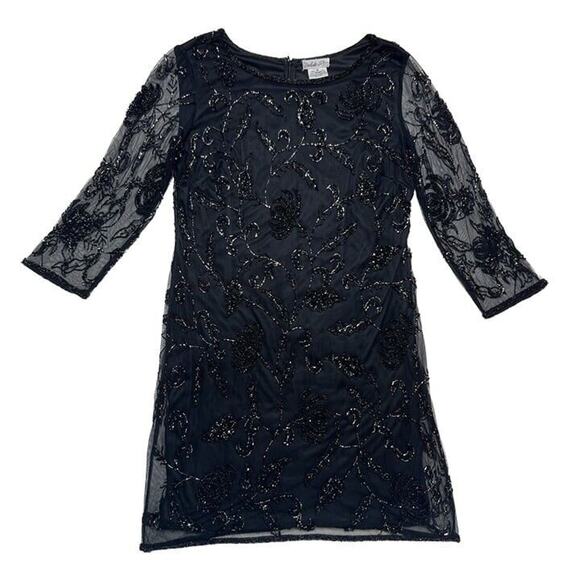 Prelude Vintage 90s Beaded Shift Dress Black Mesh Women's 12 Formal Party - Picture 1 of 12